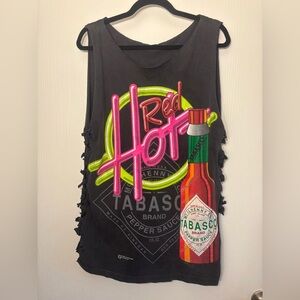 Black custom cut t-shirt mini dress with bold Tabasco graphics